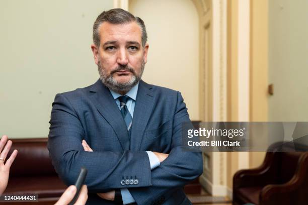Sen. Ted Cruz, R-Texas, speaks with reporters as he arrives for the Senate Republicans lunch in the Capitol on Wednesday, May 4, 2022.