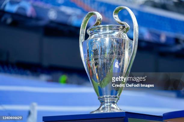 The UEFA Champions League Trophy prior to the UEFA Champions League Semi Final Leg Two match between Real Madrid and Manchester City at Estadio...