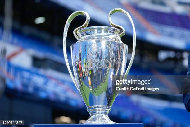 The UEFA Champions League Trophy prior to the UEFA Champions League Semi Final Leg Two match between Real Madrid and Manchester City at Estadio...