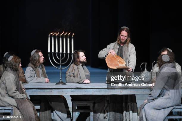 Frederik Mayet as Jesus shares bread with his disciples during the Last Supper during the dress rehearsal for the 42nd Oberammergauer Passionsspiele...