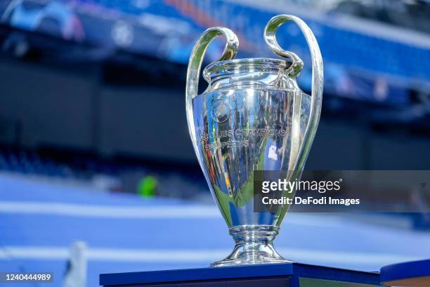 The UEFA Champions League Trophy prior to the UEFA Champions League Semi Final Leg Two match between Real Madrid and Manchester City at Estadio...