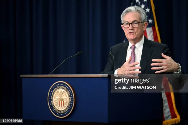 Federal Reserve Chairman Jerome Powell speaks during a news conference in Washington, DC, on May 4, 2022. - The Federal Reserve on Wednesday raised...