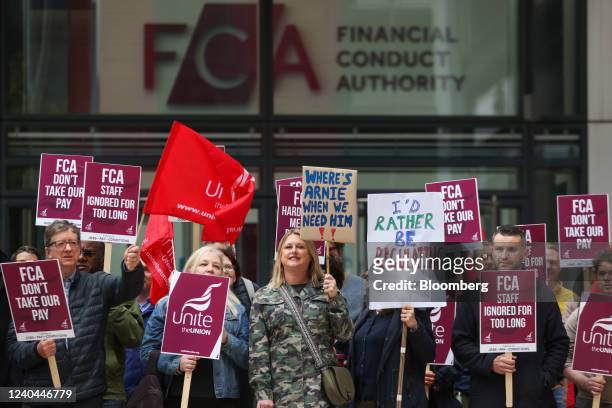Staff at the Financial Conduct Authority during strike action in a dispute over pay and conditions outside their offices in London, U.K., on...