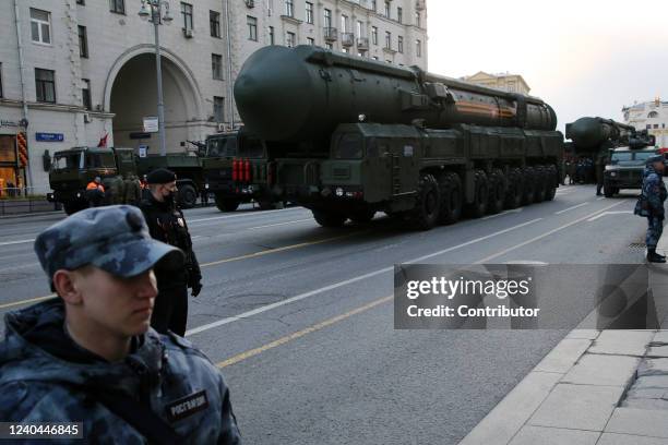 Russian RS-24 Yars intercontinental ballistic missile launchers drive down Tverskaya street during the Red Square Victory Day Parade rehearsals on...