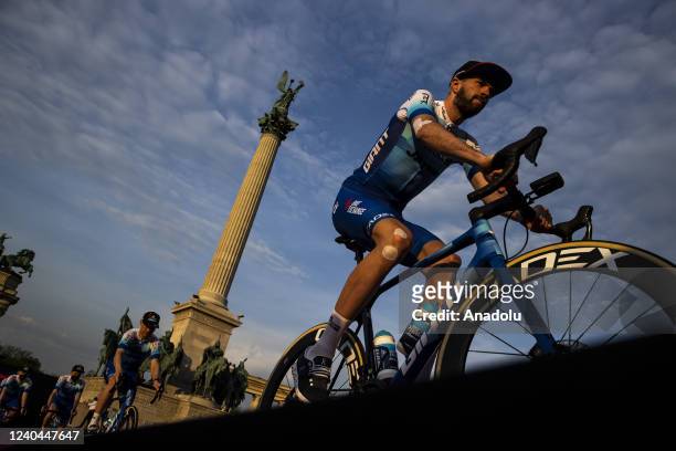 Cyclists are seen during Presentation of the 105th Giro d'Italia 2022 at Heroesâ Square in Budapest, Hungary on May 4, 2022.