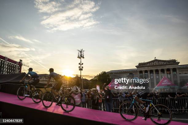 Cyclists are seen during Presentation of the 105th Giro d'Italia 2022 at Heroesâ Square in Budapest, Hungary on May 4, 2022.