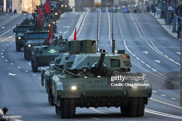 Russian T-14 Armata tank participates in a Victory Day Parade night rehearsal on Tverskaya street on May 4, 2022 in Moscow, Russia. The holiday, a...