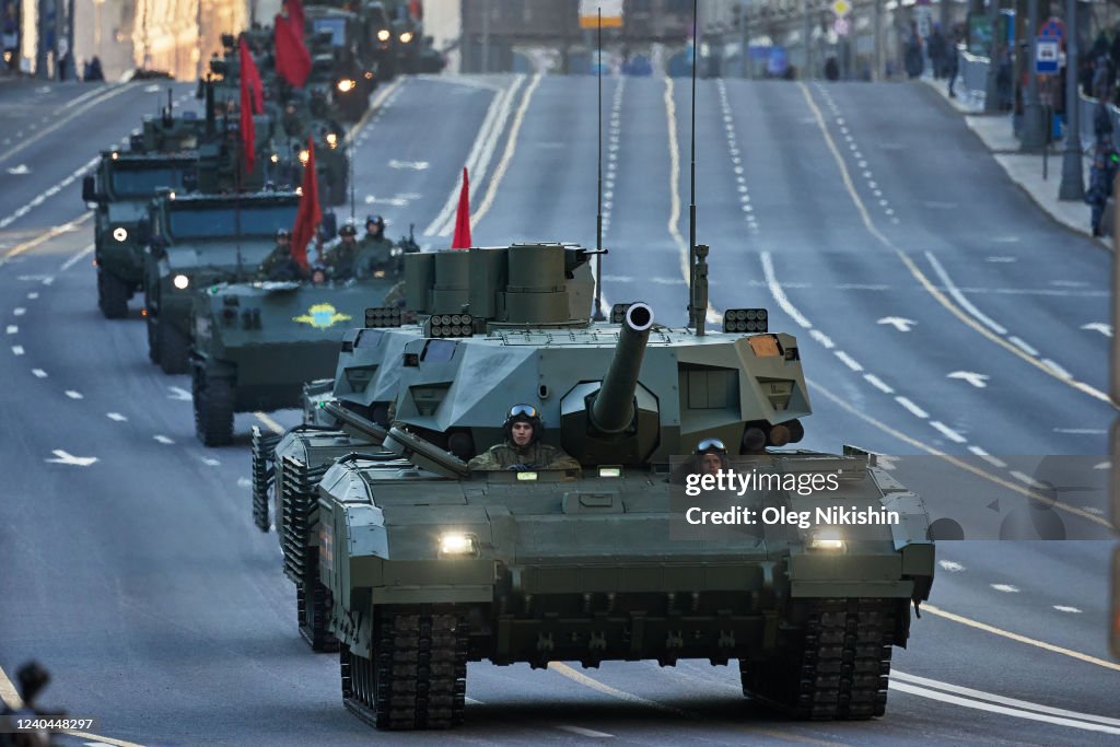 Russian Military Perform Victory Day Parade Night Rehearsal in Moscow