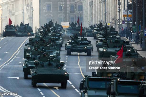 Military vehicles participate in a Victory Day Parade night rehearsal on Tverskaya street on May 4, 2022 in Moscow, Russia. The holiday, a...