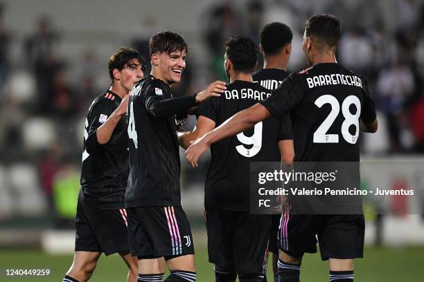 Mattia Compagnon of Juventus U23 celebrates the opening goal with team mates during the match between Pro Vercelli and Juventus U23 - Serie C...