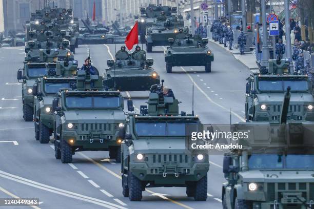 Russian military vehicles move along Tverskaya street during the rehearsal of Victory Day military parade marking the 77th anniversary of the victory...