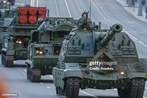 Russian military vehicles move along Tverskaya street during the rehearsal of Victory Day military parade marking the 77th anniversary of the victory...