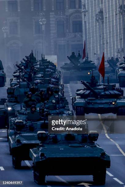 Russian military vehicles move along Tverskaya street during the rehearsal of Victory Day military parade marking the 77th anniversary of the victory...