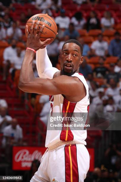 Bam Adebayo of the Miami Heat handles the ball against the Philadelphia 76ers during Game 2 of the 2022 NBA Playoffs Eastern Conference Semifinals on...