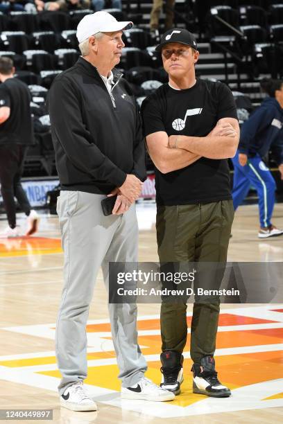 Former NBA player Danny Ainge talks to Utah Jazz owner Ryan Smith before the game between the Dallas Mavericks and Utah Jazz during Round 1 Game 6 of...