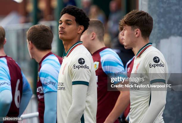 Jarell Quansah and Conor Bradley of Liverpool before the Lancashire Senior Cup final at Lancashire FA County Ground on May 4, 2022 in Leyland,...