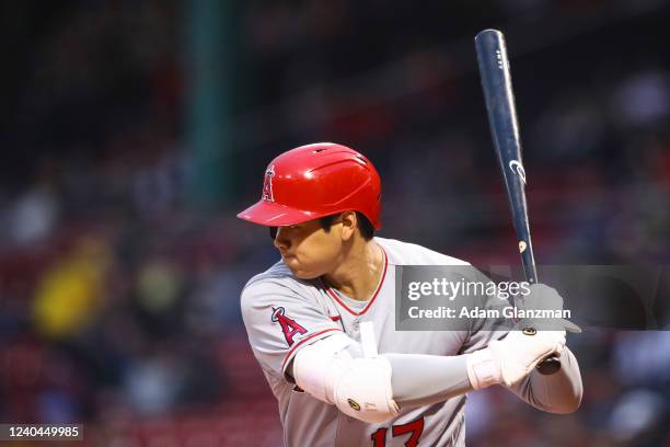 Shohei Ohtani of the Los Angeles Angels bats in the first inning of a game against the Boston Red Sox at Fenway Park on May 4, 2022 in Boston,...