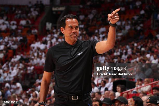 Head Coach Erik Spoelstra of the Miami Heat looks on during Game 2 of the 2022 NBA Playoffs Eastern Conference Semifinals on May 4, 2022 at FTX Arena...