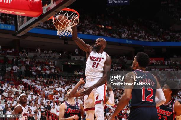 Dewayne Dedmon of the Miami Heat dunks the ball against the Philadelphia 76ers during Game 2 of the 2022 NBA Playoffs Eastern Conference Semifinals...