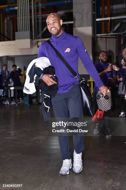 Assistant Coach Jarrett Jack of the Phoenix Suns arrives to the arena before the game against the New Orleans Pelicans during Round 1 Game 6 of the...