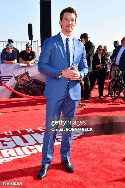 Actor Miles Teller attends the world premiere of "Top Gun: Maverick!" aboard the USS Midway in San Diego, California on May 4, 2022.