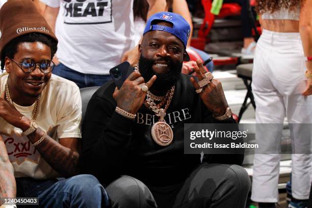 Rapper, Rick Ross attends the game between the Philadelphia 76ers and the Miami Heat during Game 2 of the 2022 NBA Playoffs Eastern Conference...