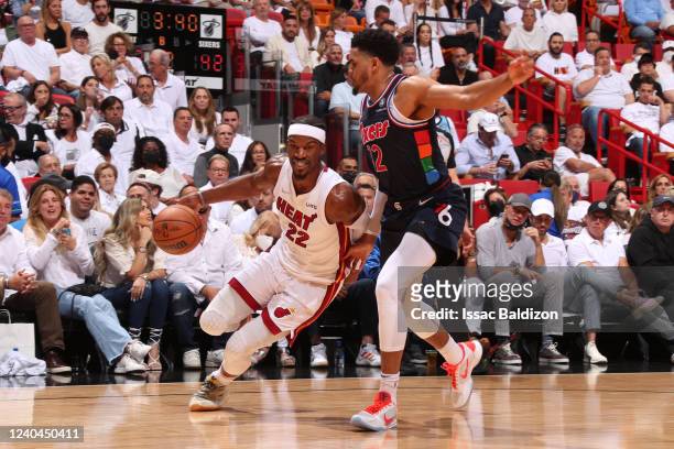 Tobias Harris of the Philadelphia 76ers plays defense on Jimmy Butler of the Miami Heat during Game 2 of the 2022 NBA Playoffs Eastern Conference...