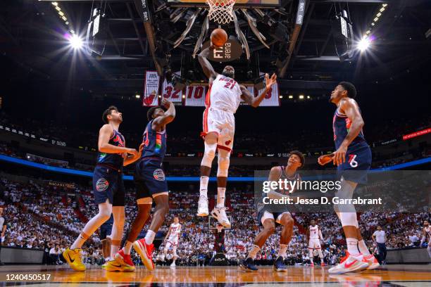 Dewayne Dedmon of the Miami Heat dunks the ball against the Philadelphia 76ers during Game 2 of the 2022 NBA Playoffs Eastern Conference Semifinals...