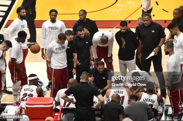 Head Coach Erik Spoelstra of the Miami Heat leads huddle during the game against the Philadelphia 76ers during Game 2 of the 2022 NBA Playoffs...