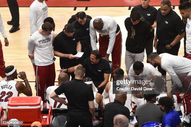 Head Coach Erik Spoelstra of the Miami Heat leads huddle during the game against the Philadelphia 76ers during Game 2 of the 2022 NBA Playoffs...