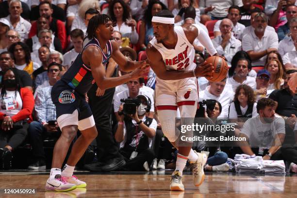 Tyrese Maxey of the Philadelphia 76ers plays defense on Jimmy Butler of the Miami Heat during Game 2 of the 2022 NBA Playoffs Eastern Conference...