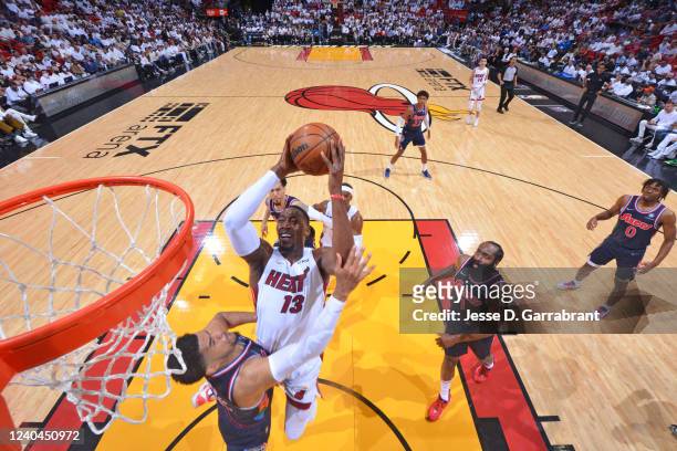 Bam Adebayo of the Miami Heat shoots the ball against the Philadelphia 76ers during Game 2 of the 2022 NBA Playoffs Eastern Conference Semifinals on...
