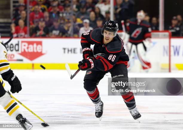 Teuvo Teravainen of the Carolina Hurricanes clears the puck from the neutral zone in Game Two of the First Round of the 2022 Stanley Cup Playoffs...
