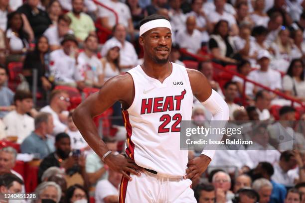 Jimmy Butler of the Miami Heat smiles during Game 2 of the 2022 NBA Playoffs Eastern Conference Semifinals on May 4, 2022 at FTX Arena in Miami,...