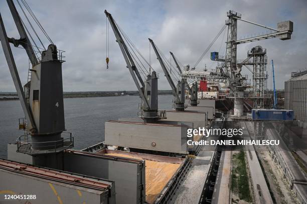 Ship is loaded with corn at Pier 80 in the Black Sea port of Constanta, Romania on May 3, 2022. - The Romanian port seeks to become an export hub for...