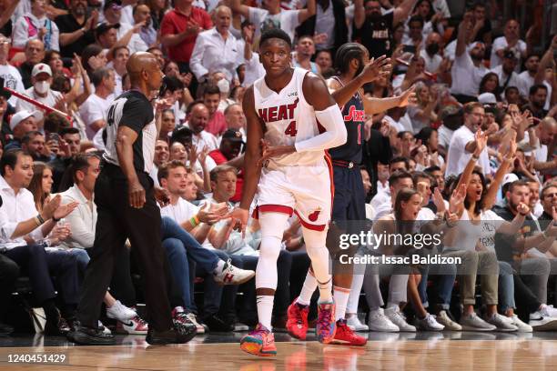 Victor Oladipo of the Miami Heat celebrates during Game 2 of the 2022 NBA Playoffs Eastern Conference Semifinals on May 4, 2022 at FTX Arena in...