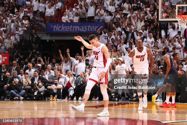 Tyler Herro of the Miami Heat celebrates during Game 2 of the 2022 NBA Playoffs Eastern Conference Semifinals on May 4, 2022 at FTX Arena in Miami,...