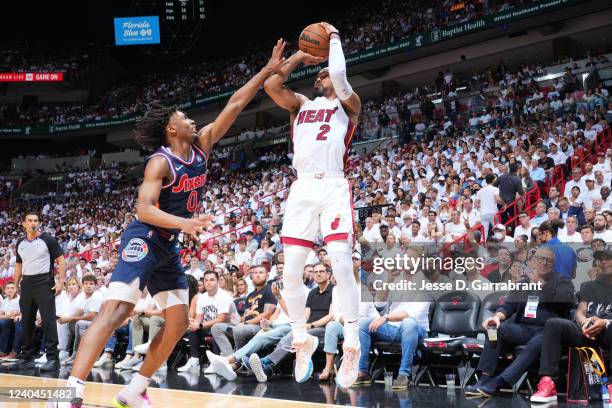 Gabe Vincent of the Miami Heat shoots a three-pointer against the Philadelphia 76ers during Game 2 of the 2022 NBA Playoffs Eastern Conference...