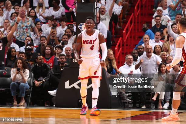 Victor Oladipo of the Miami Heat celebrates during Game 2 of the 2022 NBA Playoffs Eastern Conference Semifinals on May 4, 2022 at FTX Arena in...