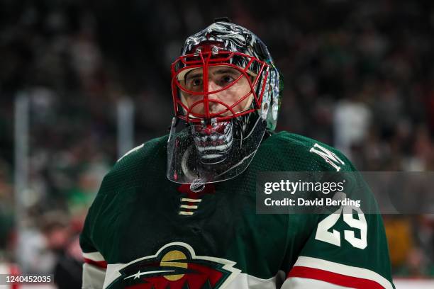 Marc-Andre Fleury of the Minnesota Wild looks on against the St. Louis Blues in the first period in Game Two of the First Round of the 2022 Stanley...