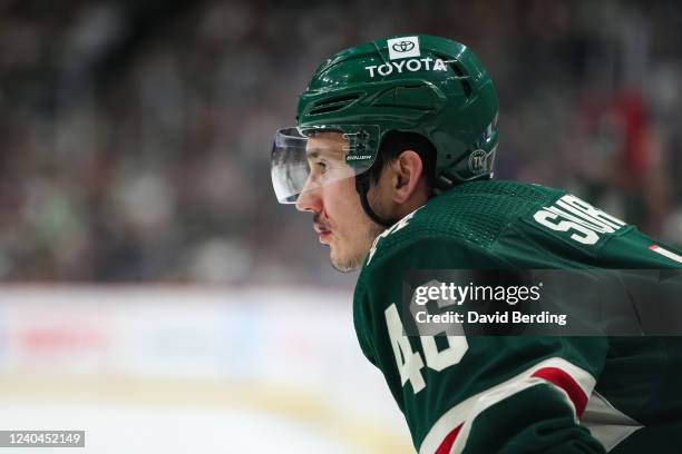 Jared Spurgeon of the Minnesota Wild looks on against the St. Louis Blues in the first period in Game Two of the First Round of the 2022 Stanley Cup...