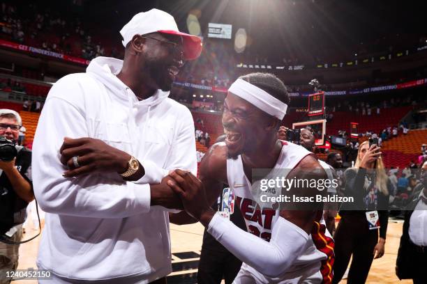 Dwyane Wade talks to Jimmy Butler of the Miami Heat after Game 2 of the 2022 NBA Playoffs Eastern Conference Semifinals on May 4, 2022 at FTX Arena...