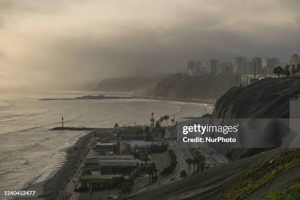 Cliffs, the coast and the Pacific Ocean in the Barranco district of Lima. On Saturday, 23 April in Lima, Peru.