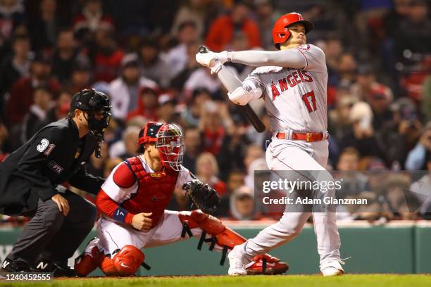 Shohei Ohtani of the Los Angeles Angels bats during a game against the Boston Red Sox at Fenway Park on May 4, 2022 in Boston, Massachusetts.