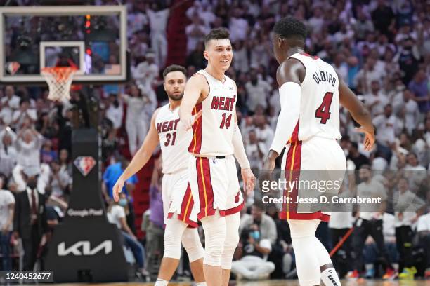 Tyler Herro of the Miami Heat reacts during Game 2 of the 2022 NBA Playoffs Eastern Conference Semifinals on May 4, 2022 at The FTX Arena in Miami,...