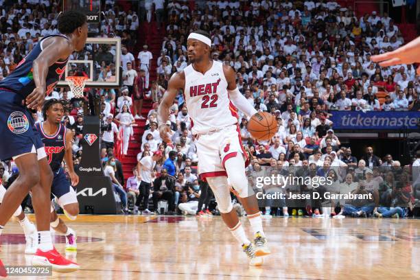 Jimmy Butler of the Miami Heat handles the ball against the Philadelphia 76ers during Game 2 of the 2022 NBA Playoffs Eastern Conference Semifinals...