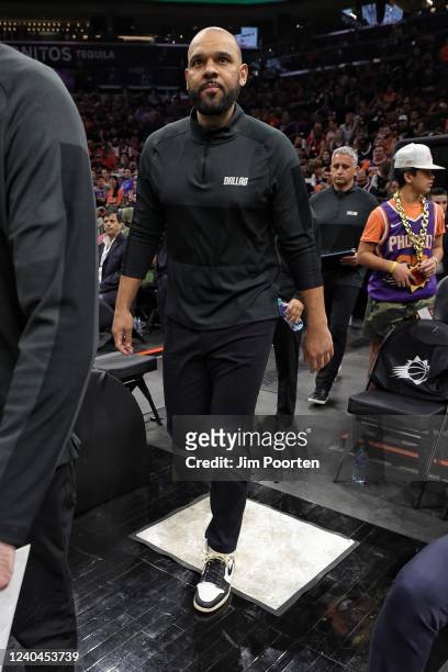 Assistant Coach Jared Dudley of the Dallas Mavericks looks on before the game against the Phoenix Suns during Game 1 of the 2022 NBA Playoffs Western...