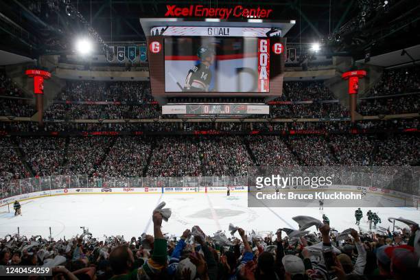 Fans celebrate a goal by Joel Eriksson Ek of the Minnesota Wild against the St. Louis Blues in Game Two of the First Round of the 2022 Stanley Cup...