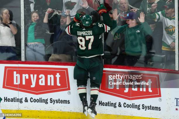 Kirill Kaprizov of the Minnesota Wild celebrates scoring his second goal against the St. Louis Blues in the third period in Game Two of the First...