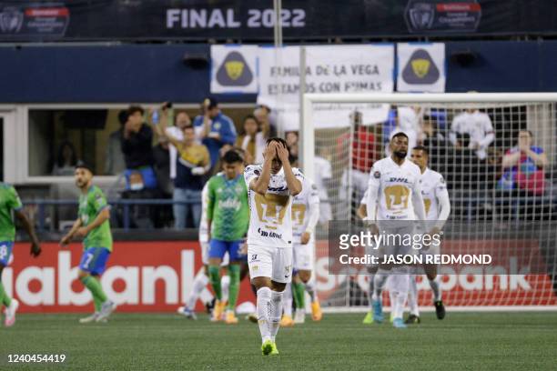 Pumas UNAM defender Ricardo Galindo reacts after a failed scoring attempt in the CONCACAF Champions League final match between Seattle Sounders and...
